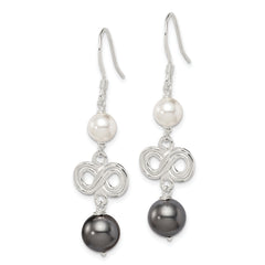 Sterling Silver Polished Grey & White Glass Pearl Infinity Dangle Earrings