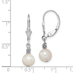 Sterling Silver Rhodium-plated Beaded 6-7mm White Near-Round Freshwater Cultured Pearl Leverback Dangle Earrings