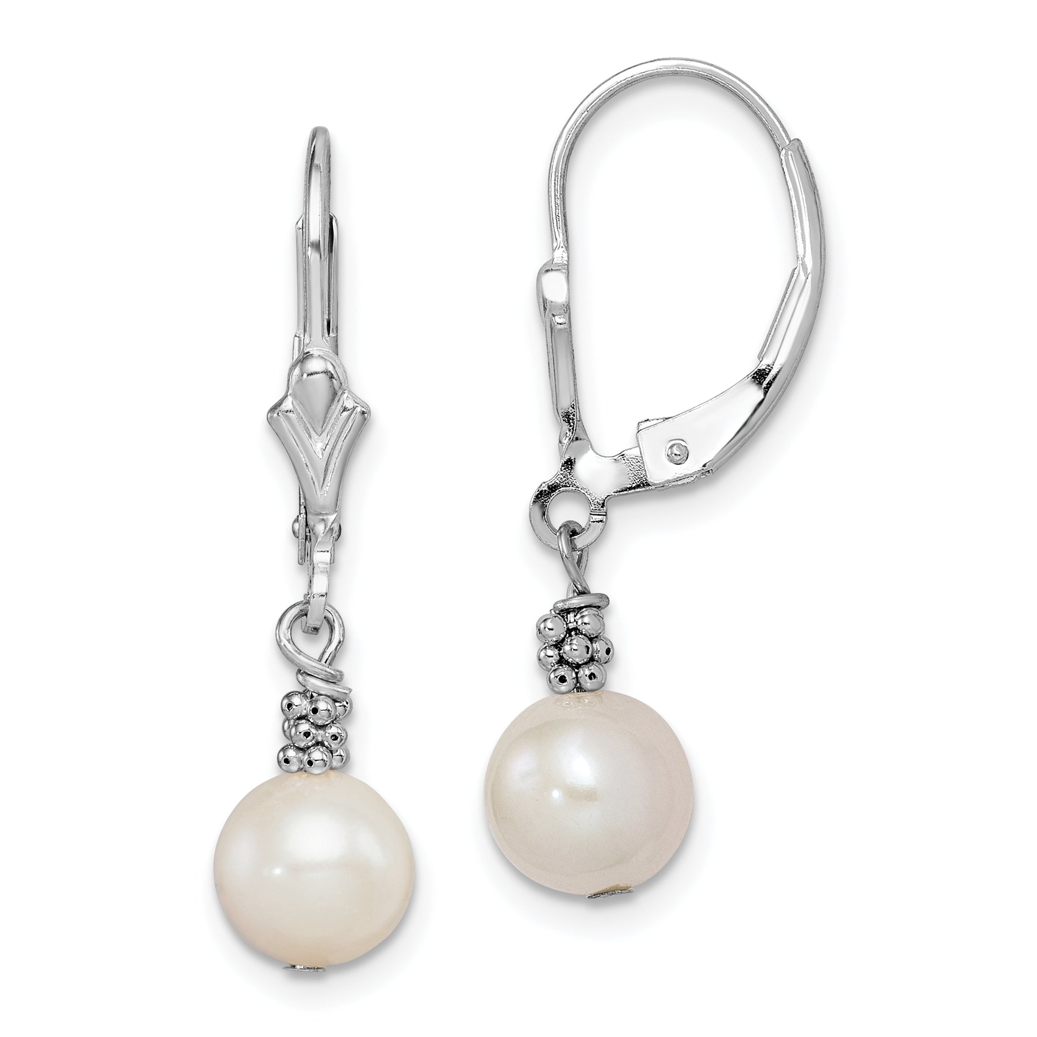 Sterling Silver Rhodium-plated Beaded 6-7mm White Near-Round Freshwater Cultured Pearl Leverback Dangle Earrings