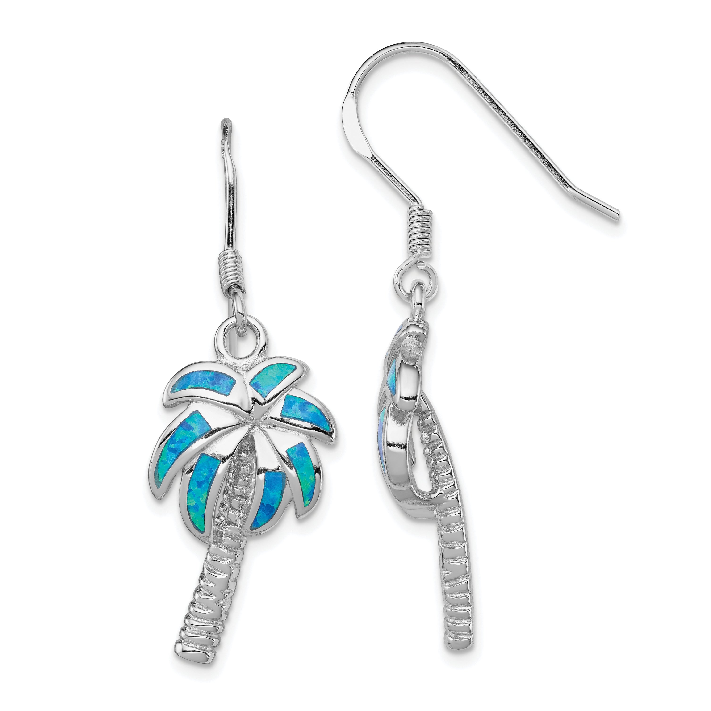 Sterling Silver Rhodium-plated Created Blue Opal Inlay Palm Tree Dangle Earrings