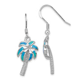 Sterling Silver Rhodium-plated Created Blue Opal Inlay Palm Tree Dangle Earrings