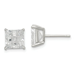 Sterling Silver 7mm Square Laser-cut CZ Basket Set Stud Earrings