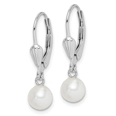Sterling Silver Rhodium-plated 6-7mm White Round Freshwater Cultured Pearl Leverback Dangle Earrings