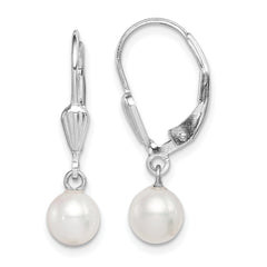 Sterling Silver Rhodium-plated 6-7mm White Round Freshwater Cultured Pearl Leverback Dangle Earrings