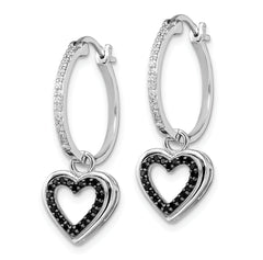 White Night Sterling Silver Rhodium-plated Black and White Diamond with Dangle Heart Hoop Earring