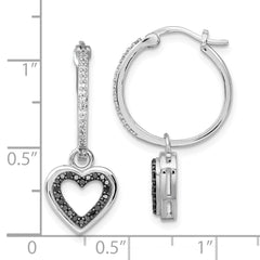 White Night Sterling Silver Rhodium-plated Black and White Diamond with Dangle Heart Hoop Earring