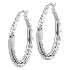 Sterling Silver Rhodium Plated Textured Double Oval Hoop Earrings
