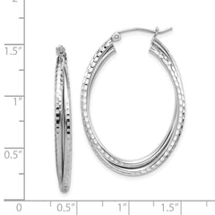 Sterling Silver Rhodium Plated Textured Double Oval Hoop Earrings