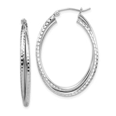 Sterling Silver Rhodium Plated Textured Double Oval Hoop Earrings