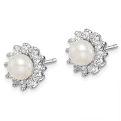Sterling Silver Rhodium Plated CZ and FW Cultured Pearl Post Ear