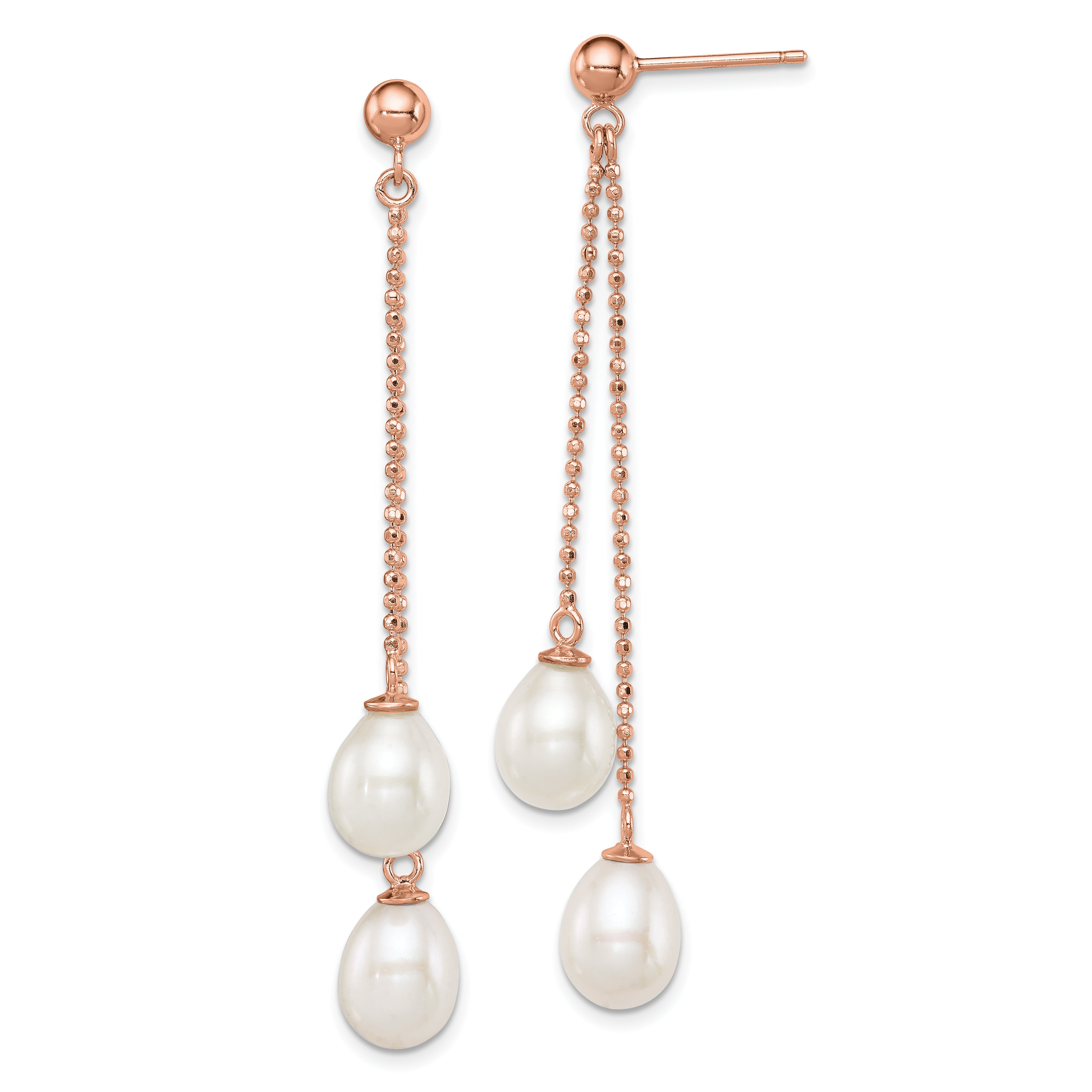 Sterling Silver Rose-tone 7-8mm White Rice Freshwater Cultured Pearl Post Dangle Earrings