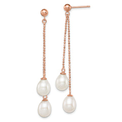 Sterling Silver Rose-tone 7-8mm White Rice Freshwater Cultured Pearl Post Dangle Earrings