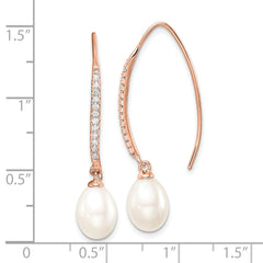 Sterling Silver Rose-tone 7-8mm White Teardrop Freshwater Cultured Pearl and CZ Threader Earrings
