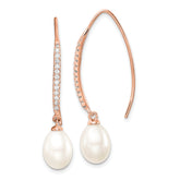 Sterling Silver Rose-tone 7-8mm White Teardrop Freshwater Cultured Pearl and CZ Threader Earrings