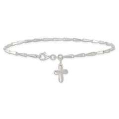 Sterling Silver 10 in Solid Polished Cross on Fancy Link Anklet