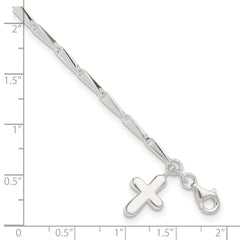 Sterling Silver 10 in Solid Polished Cross on Fancy Link Anklet