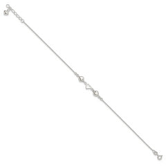 Sterling Silver Heart 9 inch Plus 1 inch Extender - Total 10 inch Anklet
