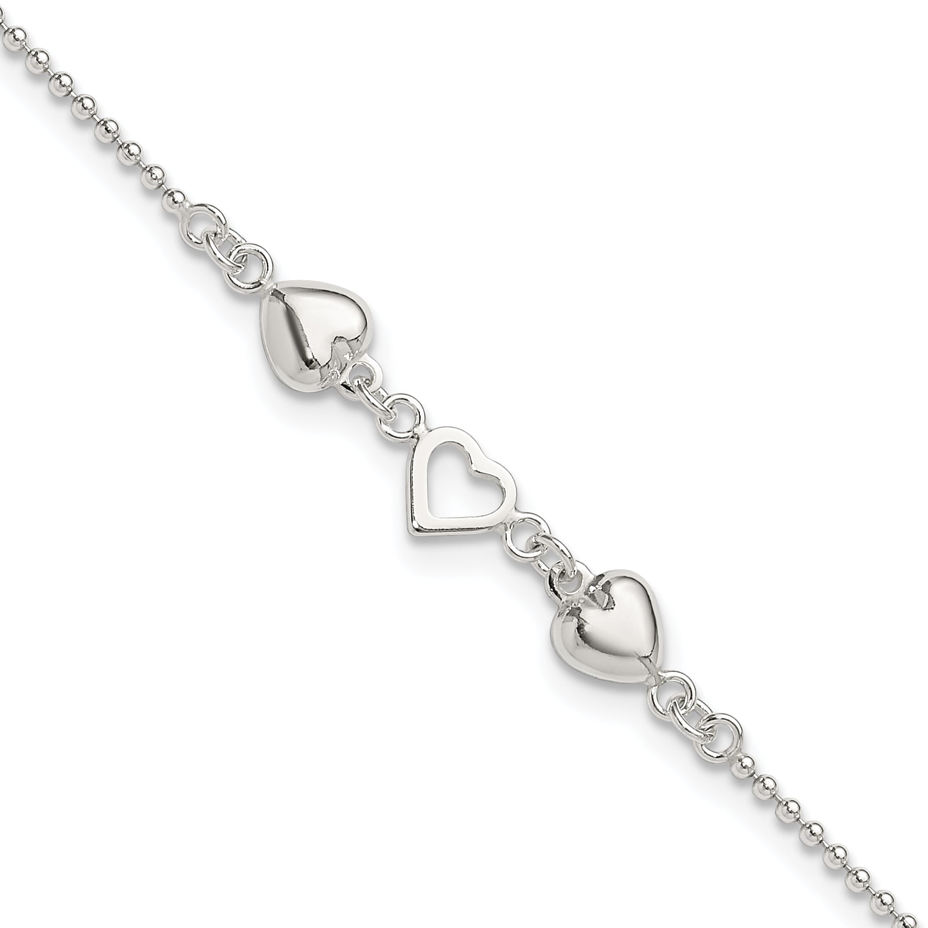 Sterling Silver Heart 9 inch Plus 1 inch Extender - Total 10 inch Anklet
