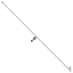 Sterling Silver Dark Pink Crystal Dangling Antiqued Heart 10 inch Anklet