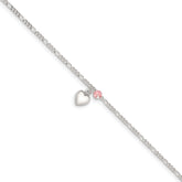 Sterling Silver Cherry Quartz Dangling Hearts on Figaro Link Anklet