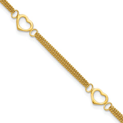 Sterling Silver Gold-tone Polished Heart Multi-Strand 10in Anklet
