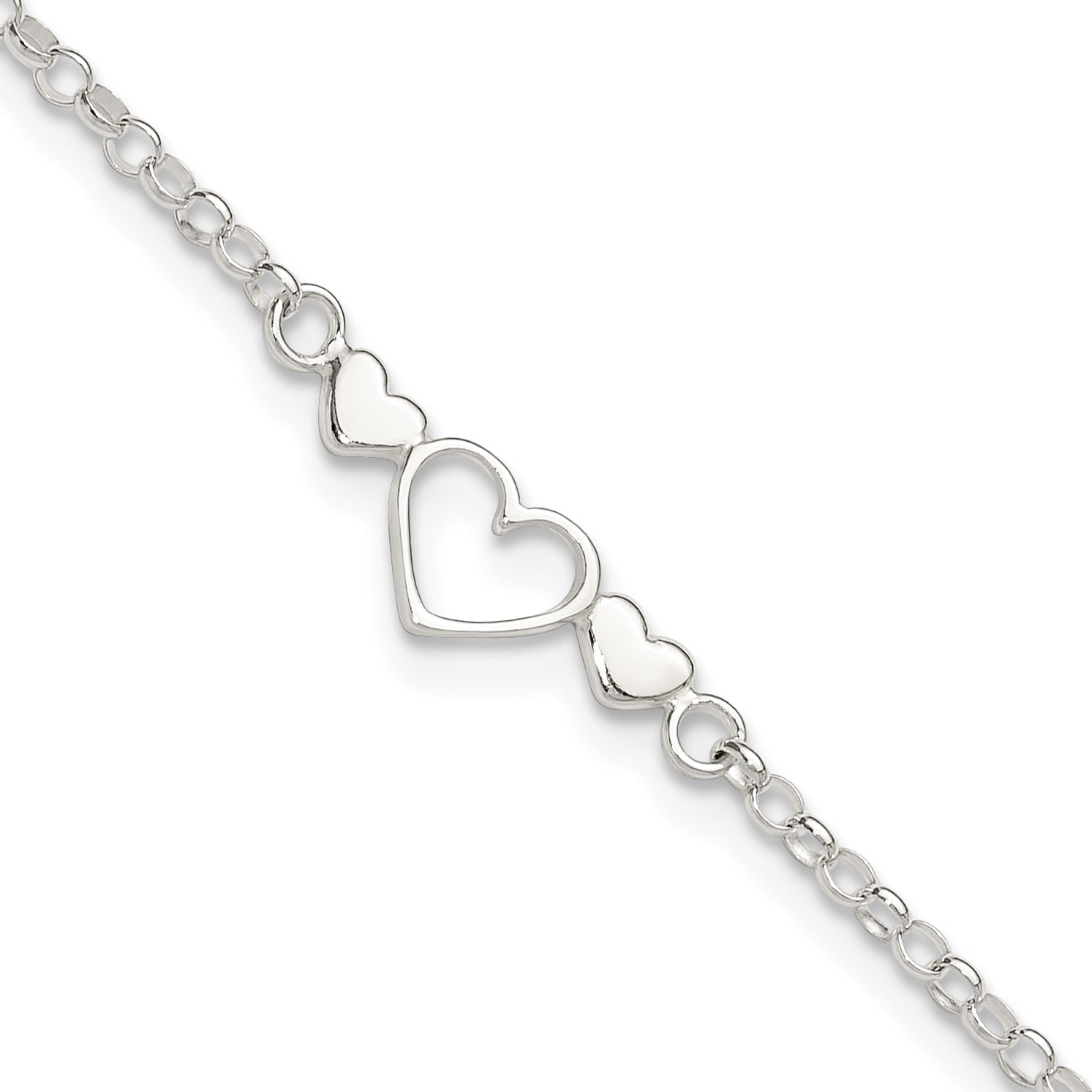 Sterling Silver Three Hearts  9 inch Plus 1 inch Extender - Total 10 inch Anklet