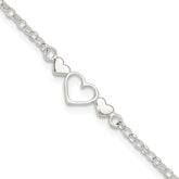 Sterling Silver Three Hearts  9 inch Plus 1 inch Extender - Total 10 inch Anklet