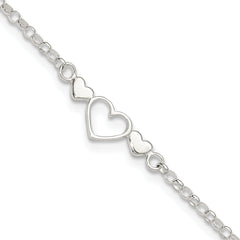 Sterling Silver Three Hearts  9 inch Plus 1 inch Extender - Total 10 inch Anklet