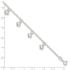 Sterling Silver Puffed Heart Charms 9 inch Plus 1 inch Extender - Total 10 inch Anklet