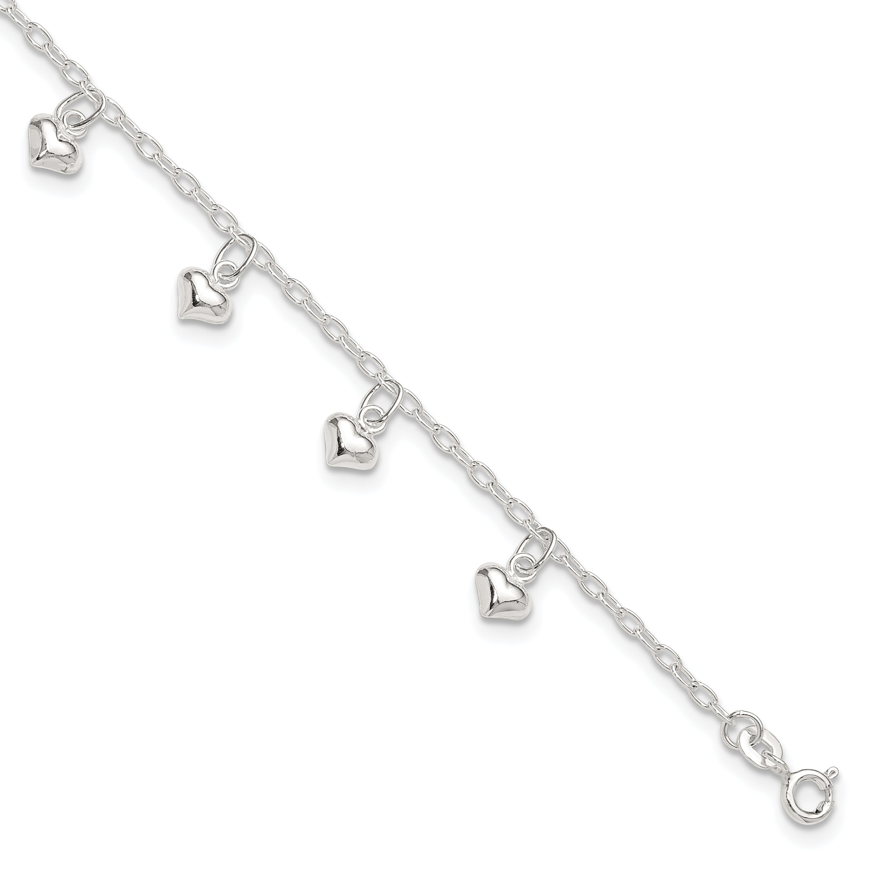 Sterling Silver Puffed Heart Charms 9 inch Plus 1 inch Extender - Total 10 inch Anklet