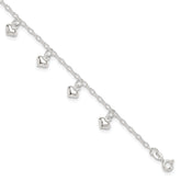 Sterling Silver Puffed Heart Charms 9 inch Plus 1 inch Extender - Total 10 inch Anklet