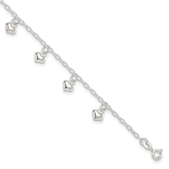 Sterling Silver Puffed Heart Charms 9 inch Plus 1 inch Extender - Total 10 inch Anklet