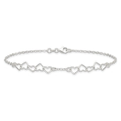 Sterling Silver 10inch Polished Fancy Heart Link Anklet