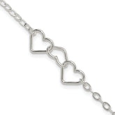 Sterling Silver 10inch Solid Polished Fancy Heart Link Anklet