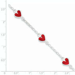 Sterling Silver Polished & Red Enamel Heart With 1in ext Children's Bracelet