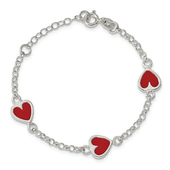 Sterling Silver Polished & Red Enamel Heart With 1in ext Children's Bracelet