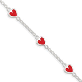 Sterling Silver Polished & Red Enamel Heart With 1in ext Children's Bracelet