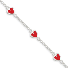 Sterling Silver Polished & Red Enamel Heart With 1in ext Children's Bracelet
