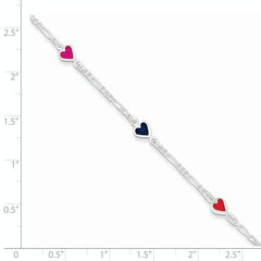 Sterling Silver Polished & Multi-color Enameled Hearts with 1 Inch Extension Children's Bracelet