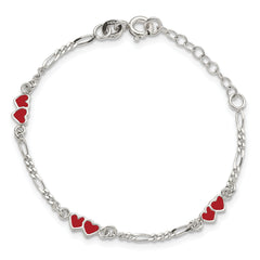 Sterling Silver Polished & Red Enameled Double Heart with 1 Inch Extension Children's Bracelet