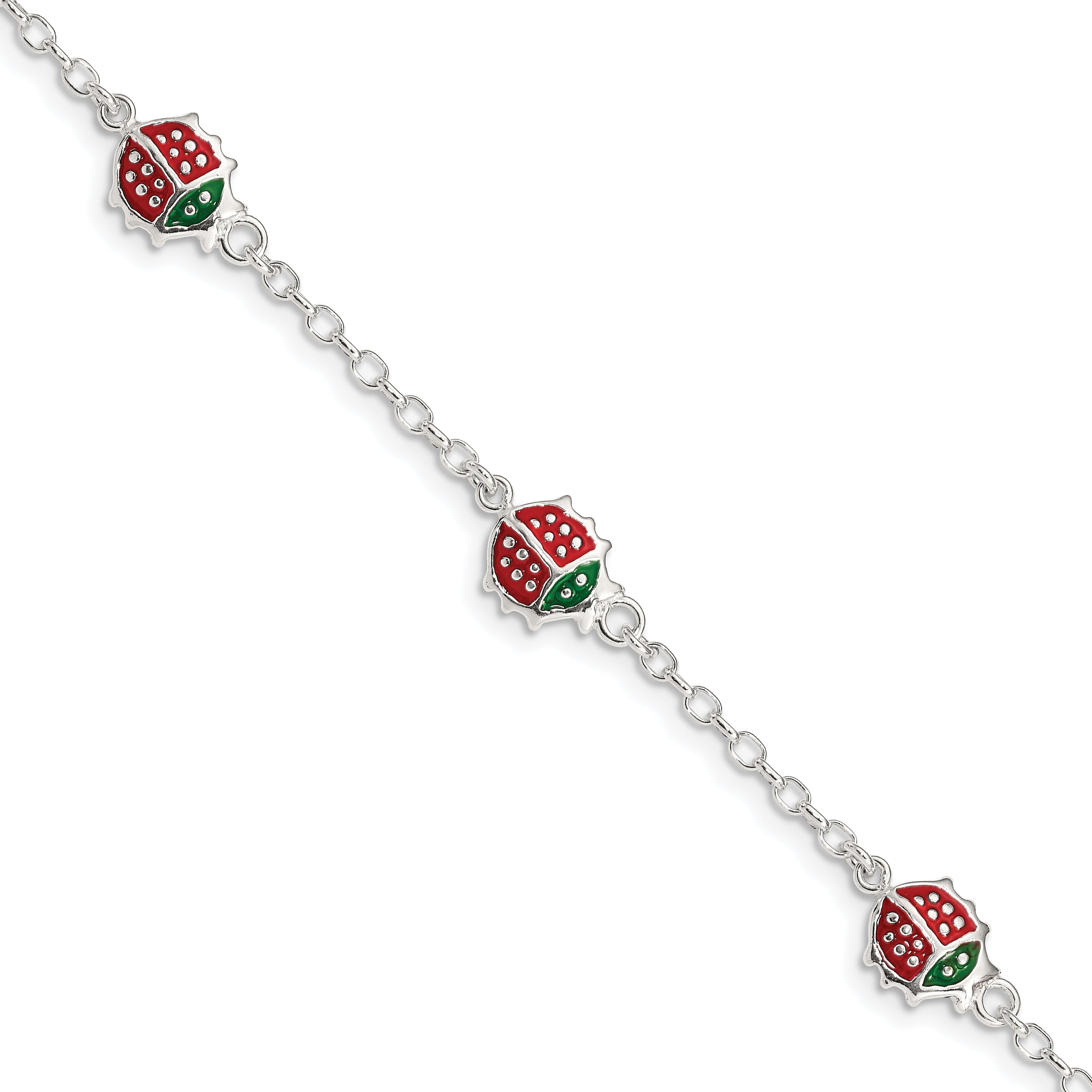 Sterling Silver Multi-color Enamel Ladybugs With 1in ext. Children's Bracelet