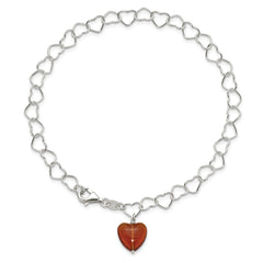 Sterling Silver Link Orange Synthetic Crystal Stone Heart Anklet
