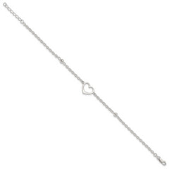 Sterling Silver Open Heart and Bead 9 inch Plus 1 inch Extender - Total 10 inch Anklet
