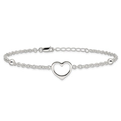 Sterling Silver Open Heart and Bead 9 inch Plus 1 inch Extender - Total 10 inch Anklet