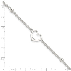 Sterling Silver Open Heart and Bead 9 inch Plus 1 inch Extender - Total 10 inch Anklet