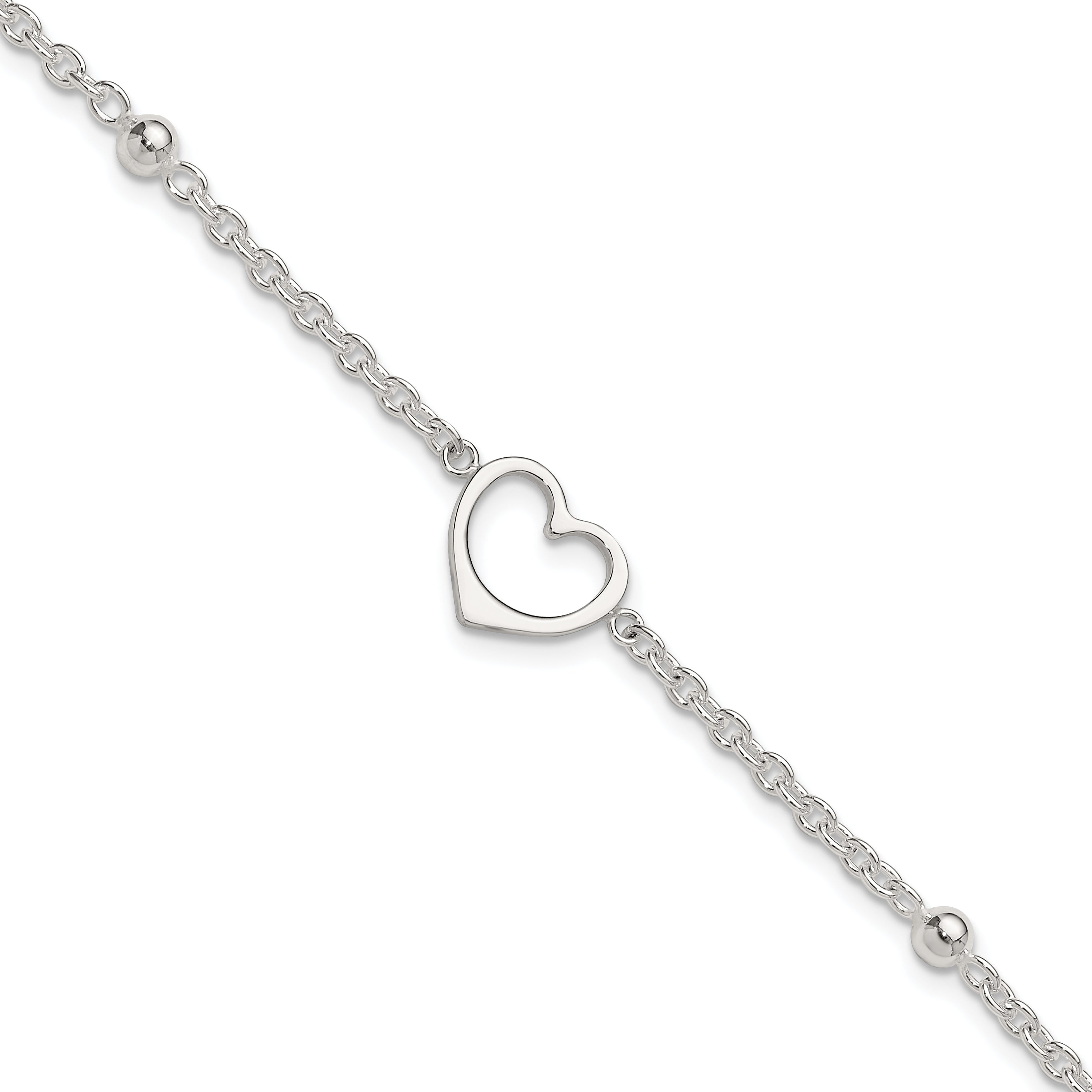 Sterling Silver Open Heart and Bead 9 inch Plus 1 inch Extender - Total 10 inch Anklet
