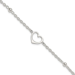 Sterling Silver Open Heart and Bead 9 inch Plus 1 inch Extender - Total 10 inch Anklet