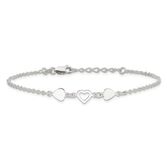 Sterling Silver Three Hearts 9 inch Plus 1 inch Extender - Total 10 inch Anklet