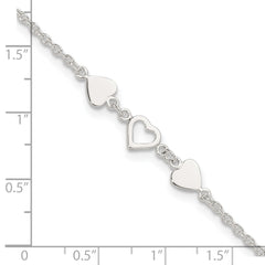 Sterling Silver Three Hearts 8 inch Plus 1 inch Extender - Total 9 inch Anklet