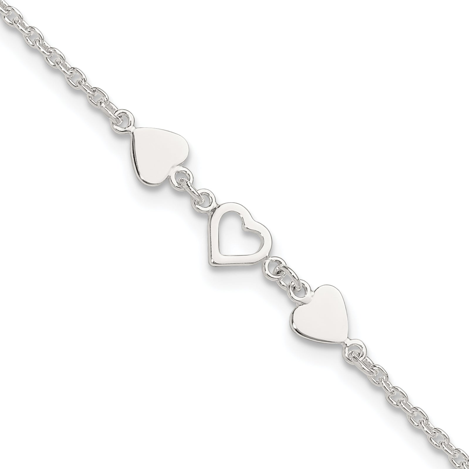 Sterling Silver Three Hearts 8 inch Plus 1 inch Extender - Total 9 inch Anklet